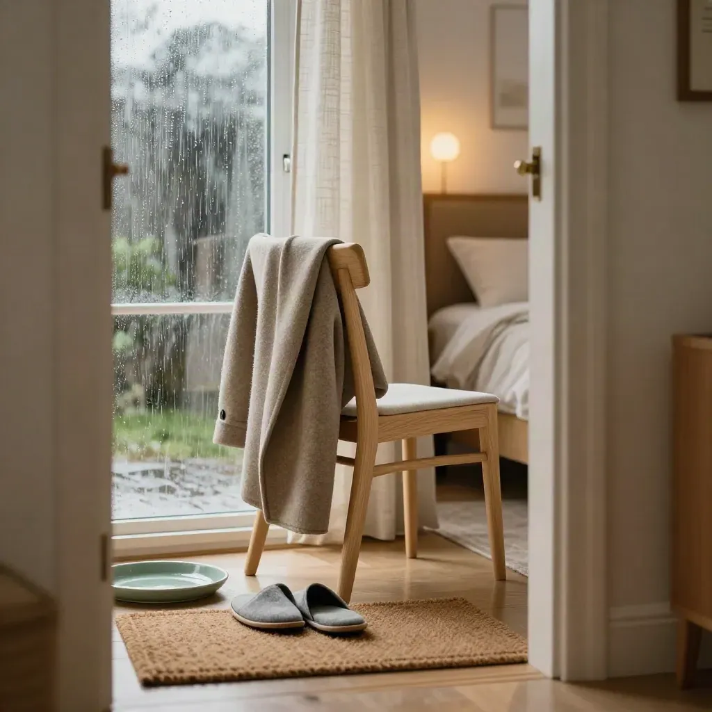 Stille gang naar slaapkamer met jas over stoel, slippers bij de deur en regen tegen het raam.