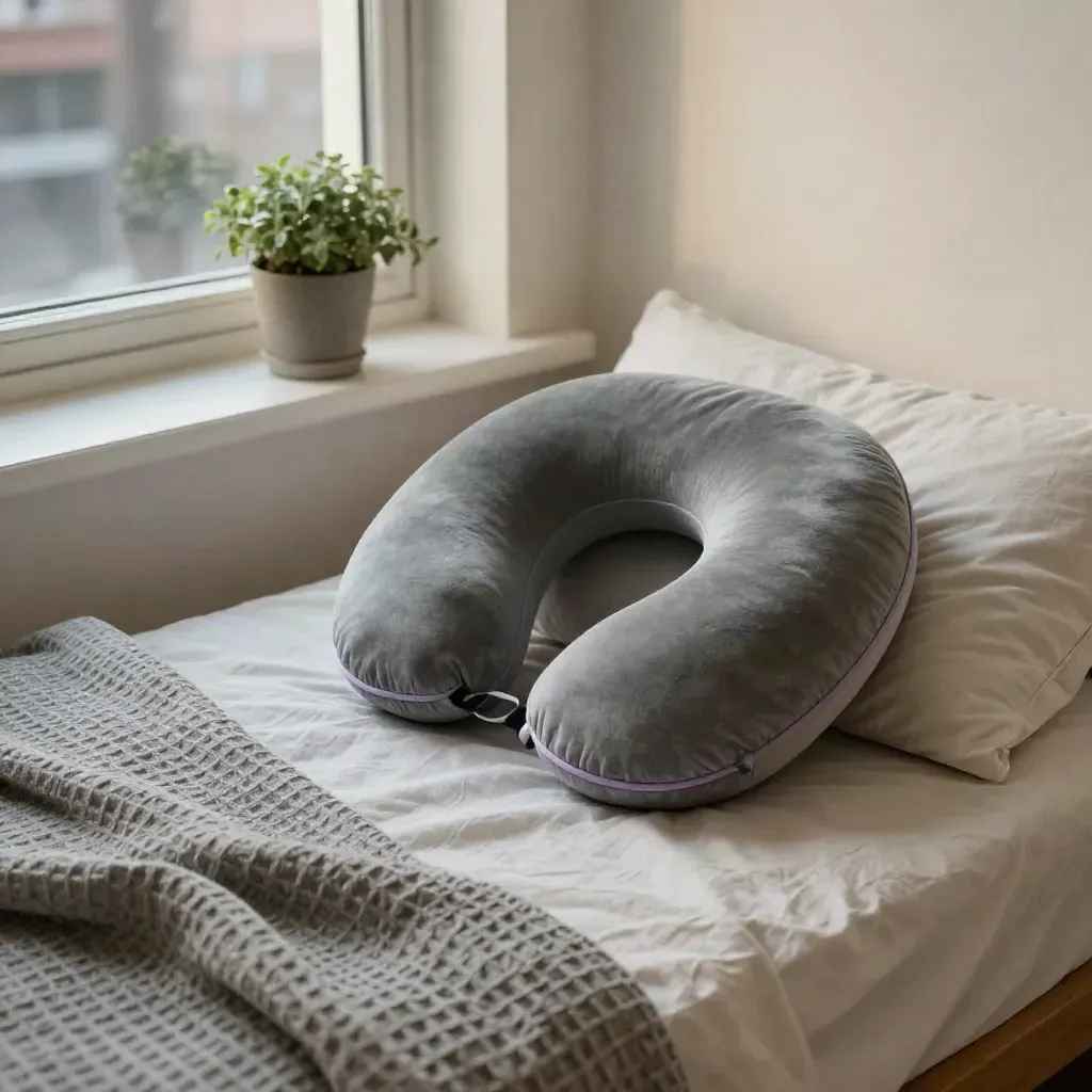 Nekkussen op een smal bed bij het raam, met plaid en plant in een stedelijke slaapkamer.