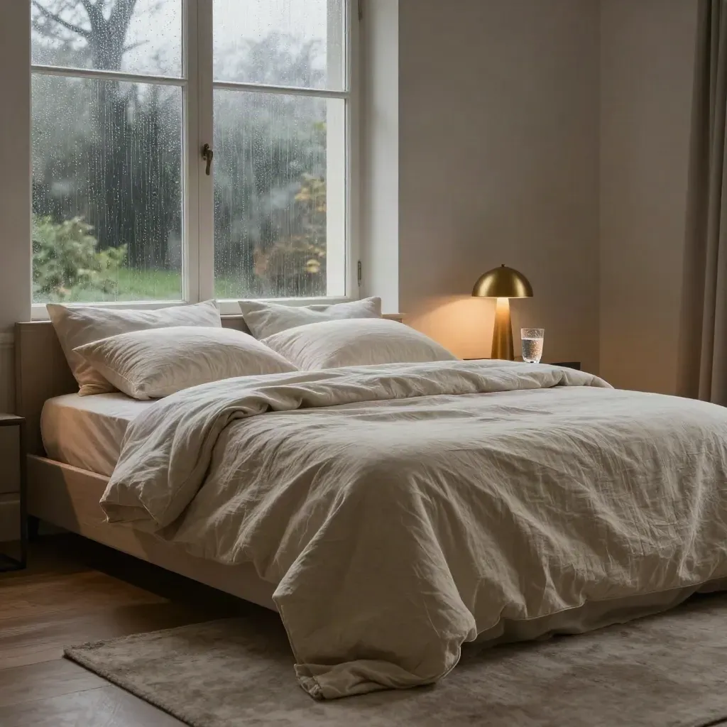 Opgemaakt bed in een Nederlandse slaapkamer bij regenachtig nachtlicht.