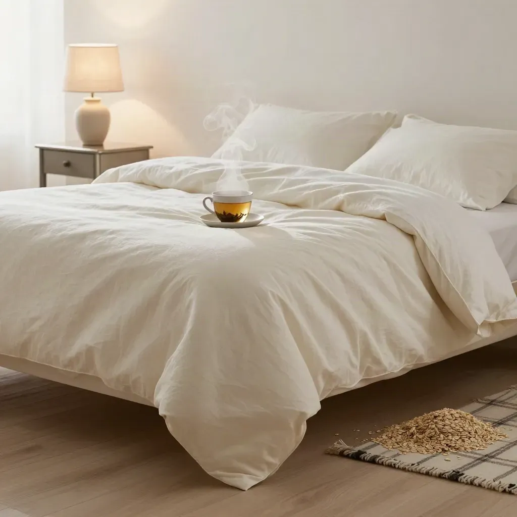 Bovenaanzicht van een opgemaakt bed met dampende kruidenthee en een plaid aan het voeteneind.