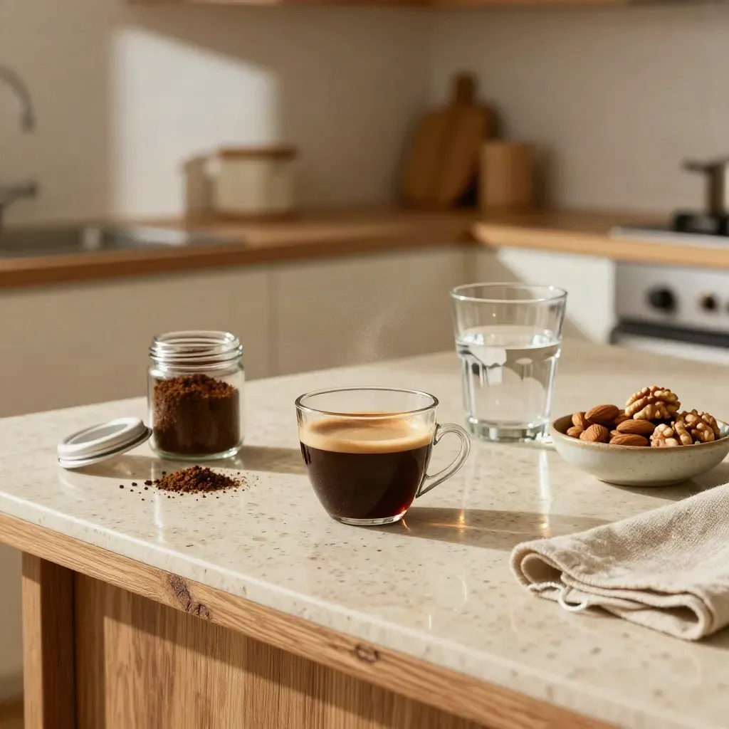 Keukentafel met espresso, waterglas, koffiedik en noten in zacht namiddaglicht.