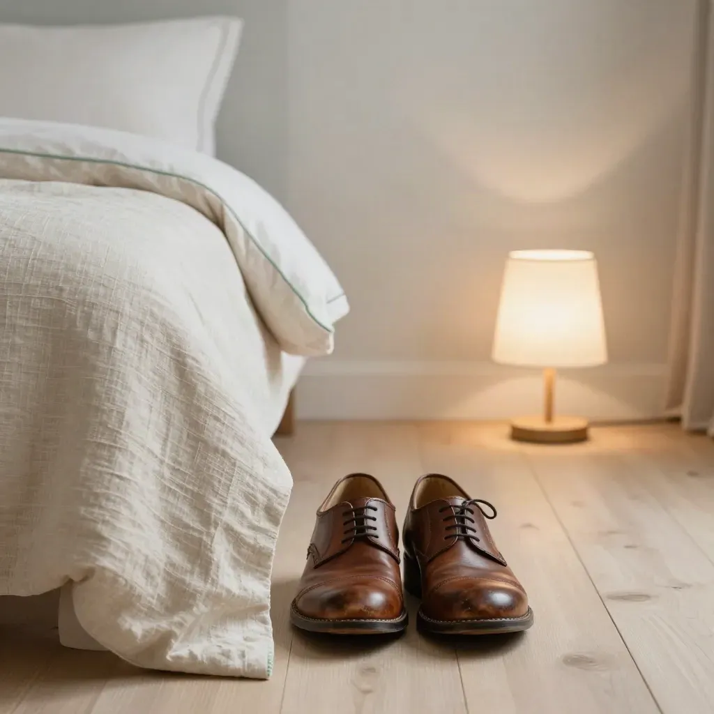 Slaapkamer bij vaste avondroutine met opgemaakt bed, schoenen en gedimde leeslamp.