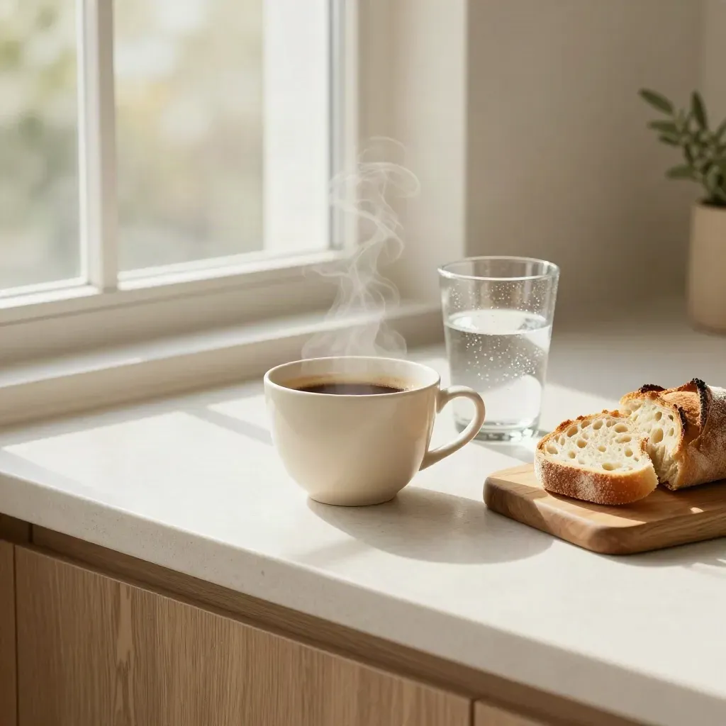 Filterkoffie, waterglas en broodplank op een licht aanrecht bij het ochtendraam.