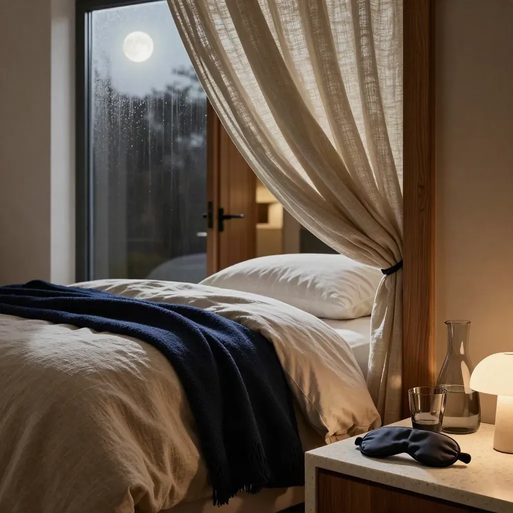 Slaapkamer met halfopen gordijn, gekreukte dekens en stille nachtkast in nachtelijk blauw.