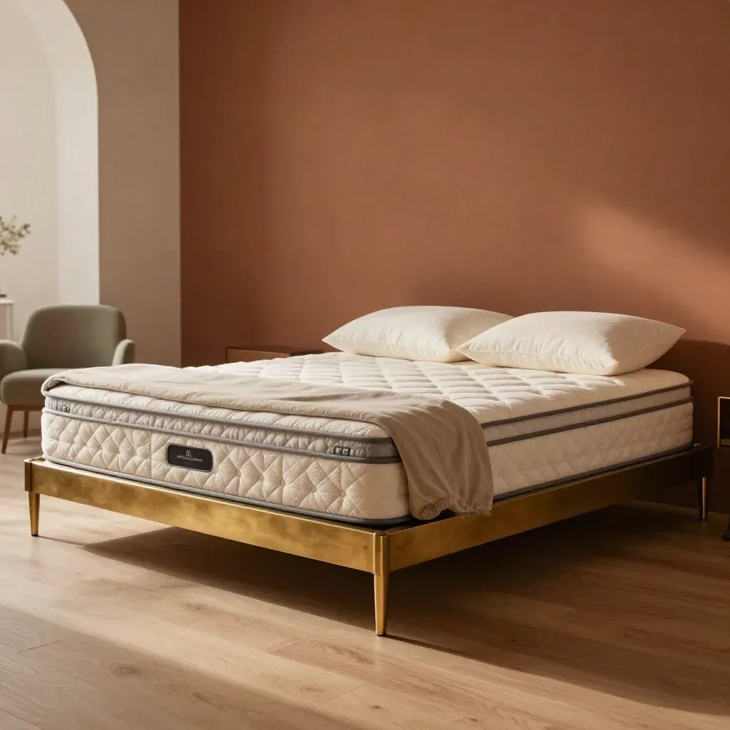 Showroombed met verschillende kussenhoogtes en een opgerolde topper naast een matrasopstelling.