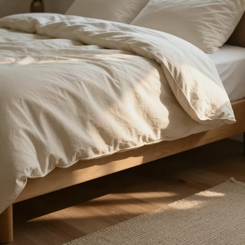 Vroeg ochtendlicht op een opengeslagen dekbed en opgemaakt bed bij de voeteneindkant.