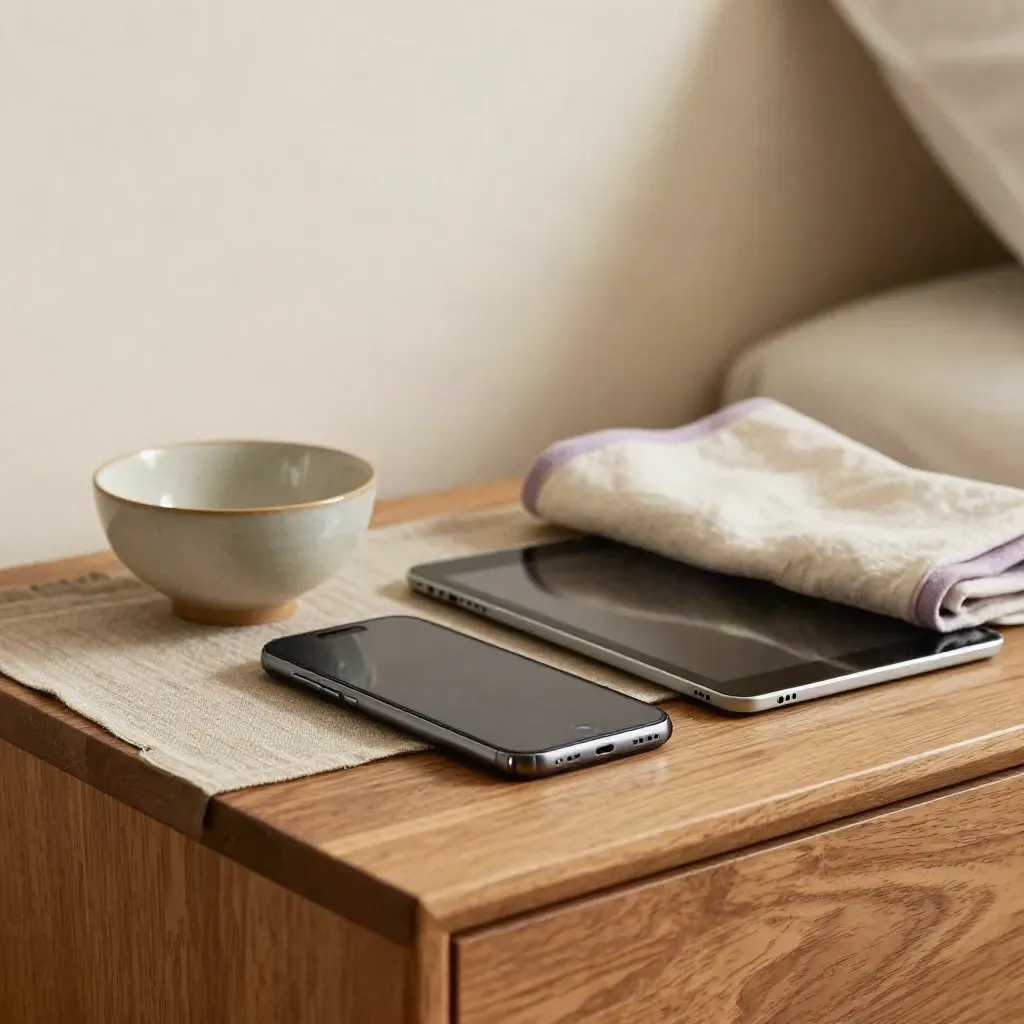 Nachtkastje met donkere telefoon, uitgeschakelde tablet, schaaltje en zachte doek met lavendelaccent.
