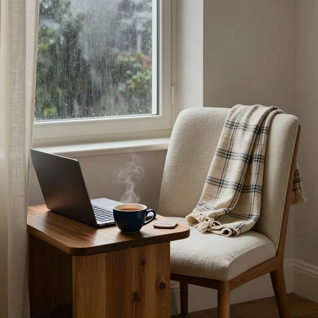 Stille avondhoek met stoel bij het raam, thee, gesloten laptop en plaid in regenlicht.