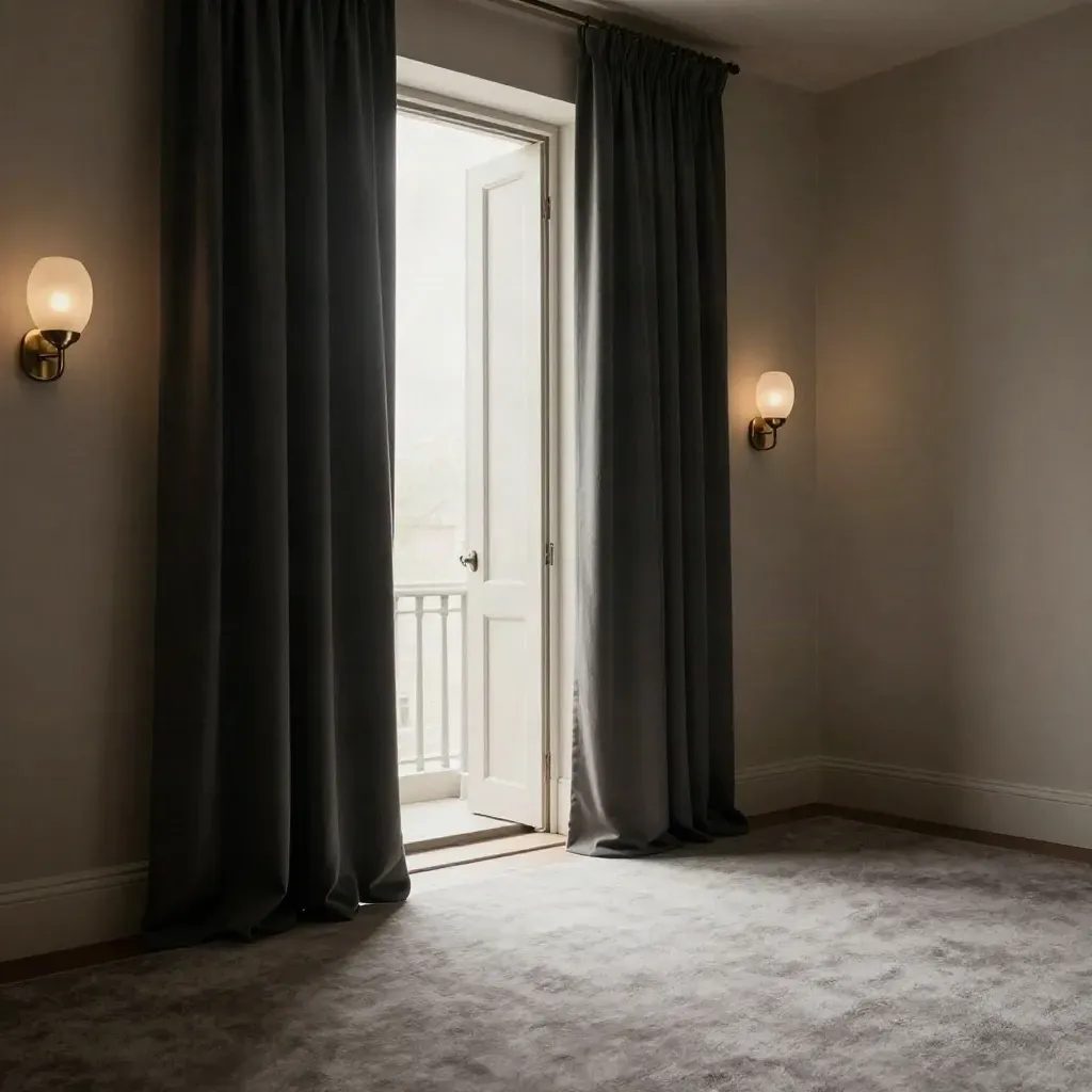 Donkere slaapkamer met dichte gordijnen, half gesloten deur en twee gedimde wandlampen.