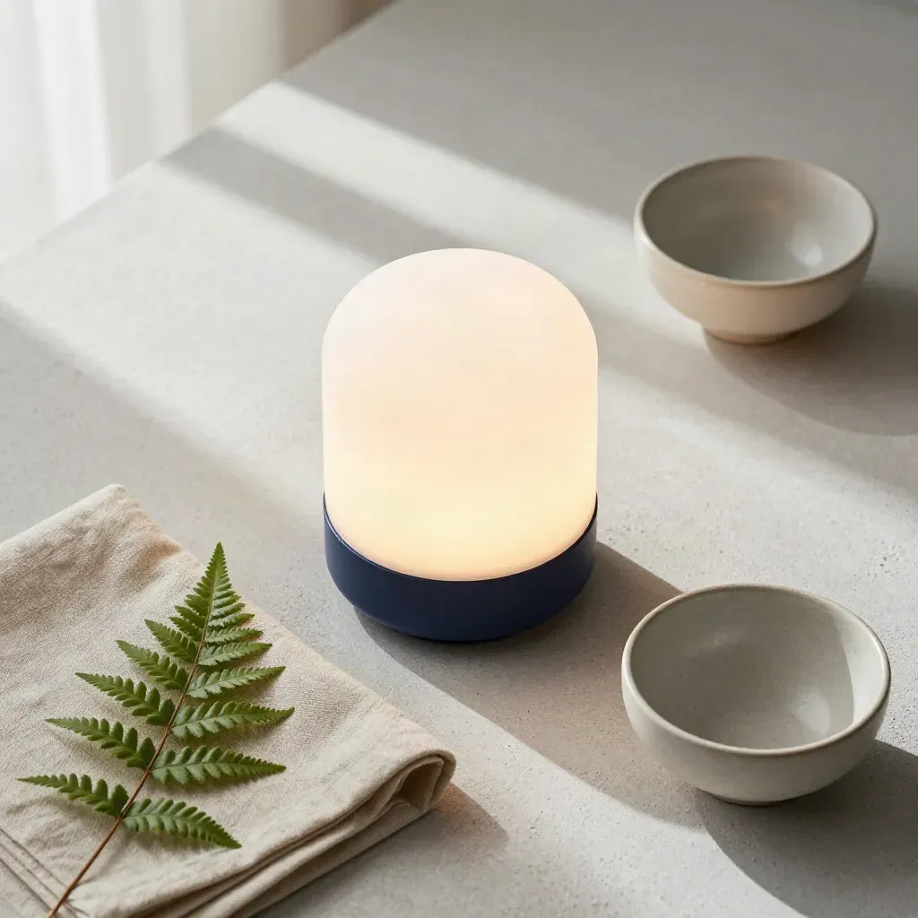 Wake-up light met linnen servet, varentak en keramisch schaaltje op stenen ondergrond.