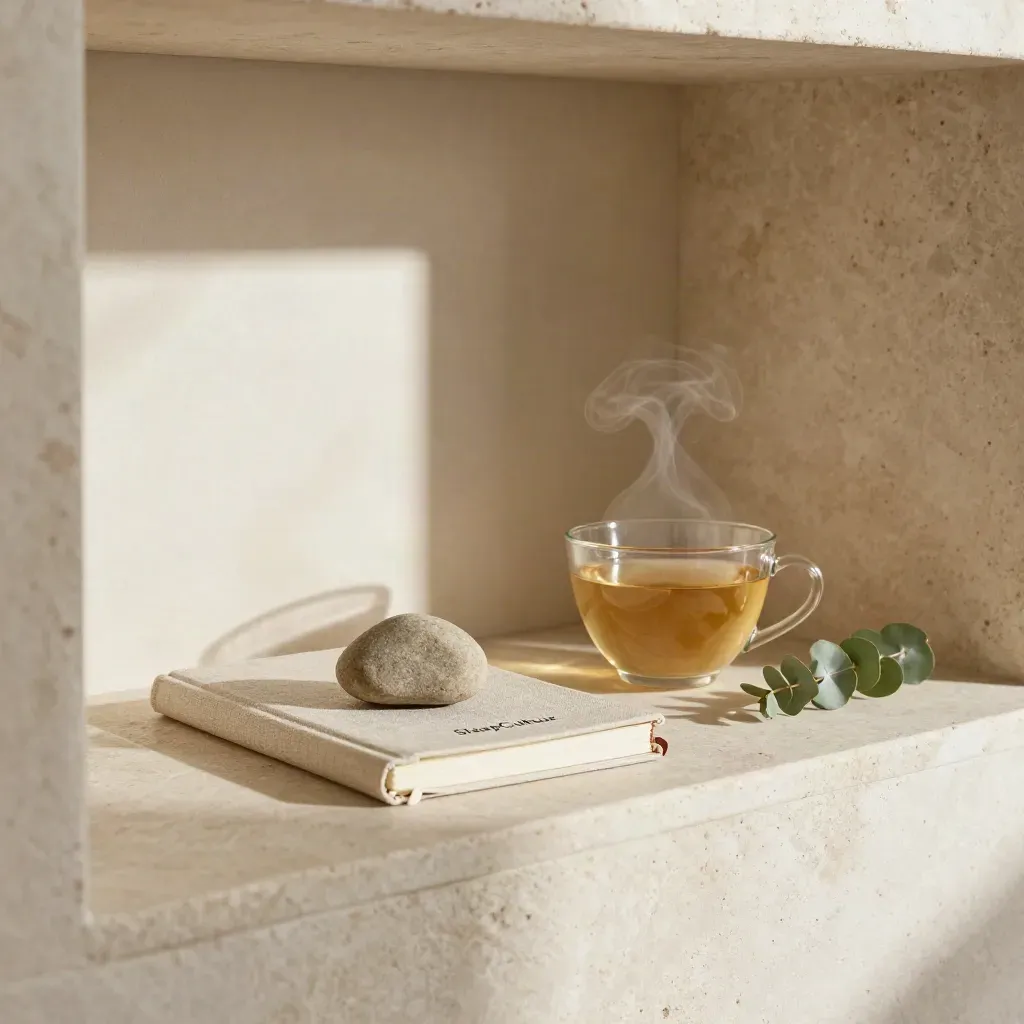 Notitieboek, worry stone, thee en eucalyptus op een stenen plank met zacht avondlicht.