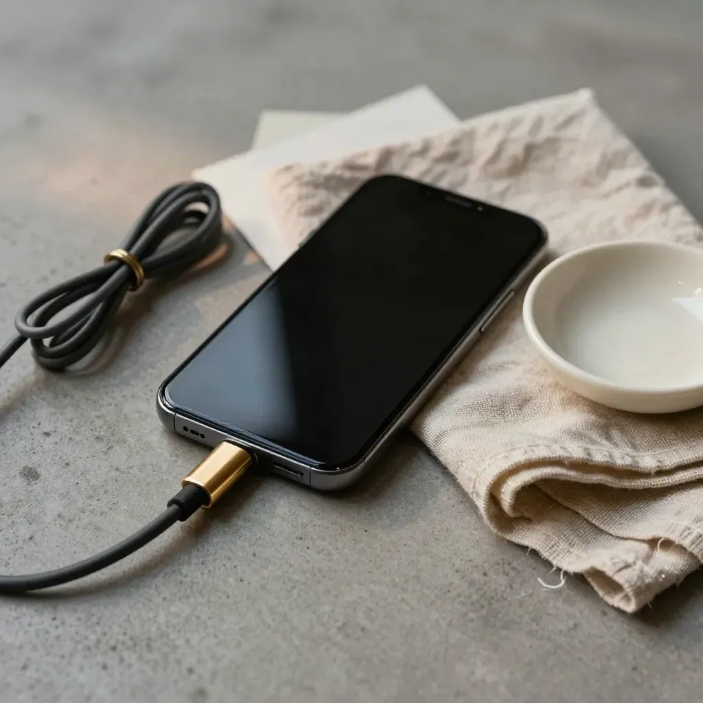 Smartphone met donker scherm, opgerolde kabel, doek en keramische schaal op licht beton.